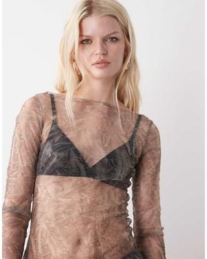 Weekday Sheer Mesh Slash Neck Long Sleeve Top - Grey