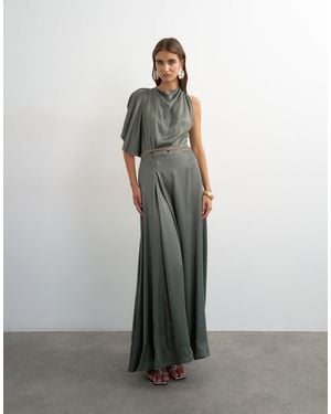 TOPSHOP Satin High Cowl Neck Asymmetric Maxi Dress With Peach Contrast Trim - Gray