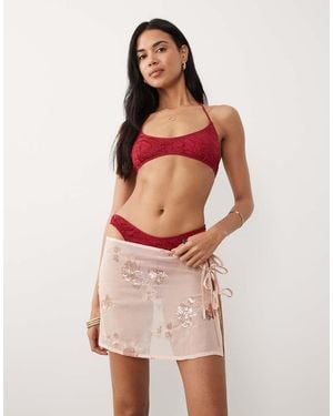 Miss Selfridge Beach Floral Sequin Mini Tie Side Sarong - Red
