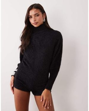 Aria Cove Textured Fluffy Roll Neck Playsuit - Black