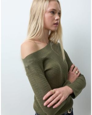 Mango Teen Asymmetric Neck Sweater - Green