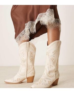 Glamorous Embroidered Western Knee Boots - Natural