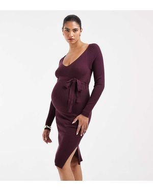 Vero Moda Rib Knitted Long Sleeve Midi Dress With Belt Detail - Red