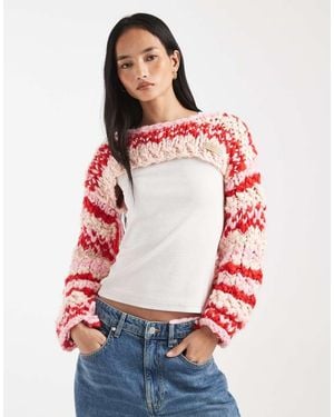 Kiwi & Co Pixie Contains Wool Hand Knitted Chunky Knit Fringe Sleeve Detail Shrug Jumper - Red