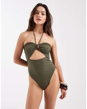 4th & Reckless Costume Da Bagno Sgambato A Fascia Allacciato Al Collo Oliva Con Cut-Out E Dettaglio Con Gemme - Verde