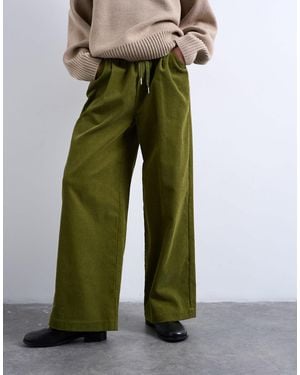 TOPSHOP Corduroy Wide Leg Pants With Drawstring - Green