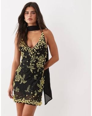 ASOS Mini Jurk Met V-Hals, Bloemenprint En Versiering Met Sjaal - Meerkleurig
