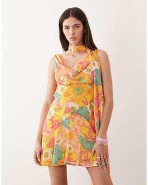 Never Fully Dressed Sophie Chiffon Cowl Scarf Detail Mini Dress - Orange