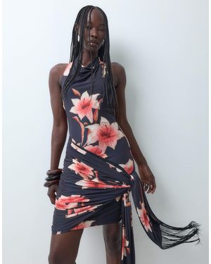 ASOS Printed Floral Slinky High Neck Cowl Mini Dress With Fringe Sash - White