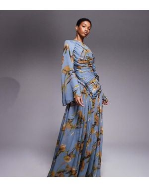 ASOS Asos Design Tall Crinkle Chiffon Gathered Maxi Dress With Micro Ruffles - Blue