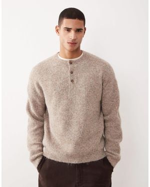 ASOS Relaxed Knitted Wool Mix Henley Neck Sweater - Natural