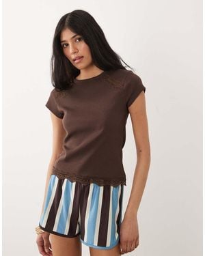 Miss Selfridge Ribbed T-shirt With Lace Inserts - Brown