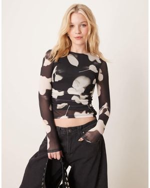 New Look Ruched Side Long Sleeve Mesh Top - Black