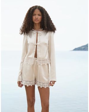 4th & Reckless Satin Crochet Trim Beach Short Co-ord - White