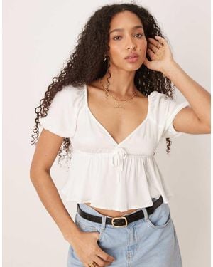 Pimkie Tie Front Puff Sleeve Peplum Blouse - White