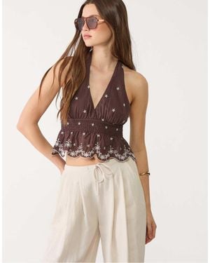 Stradivarius Halter Top With Contrast Embroidery - Natural