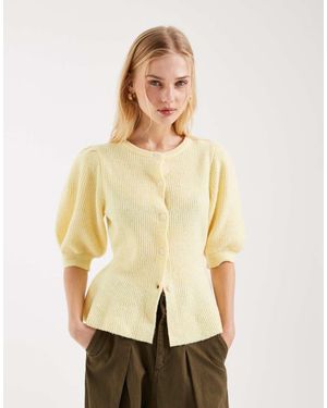 Pieces Puff Sleeve Knitted Cardigan With Waist Detail - Natural
