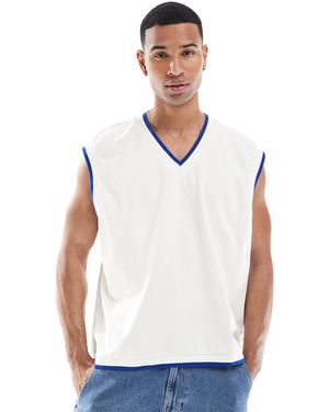 ASOS Débardeur coupe carrée oversize à liseré bleu - crème - Blanc