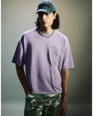 Bershka Short Sleeve Washed Effect Embroidered T-Shirt - Purple