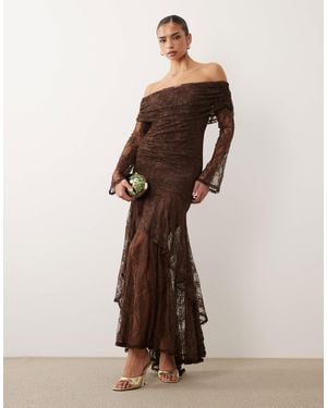 ASOS Off The Shoulder Long Sleeve Lace Maxi Dress - Brown