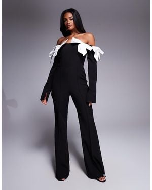 ASOS Satin Bow Off-shoulder Jumpsuit - Blue
