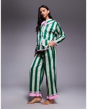 River Island Oversized Collar Detail Striped Pyjama Set - Green