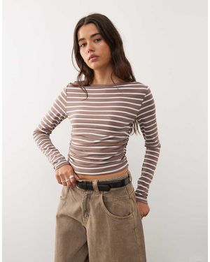 Reclaimed Vintage Slash Neck Cinched Waist Long Sleeve T-shirt With Ruching Detail - Brown
