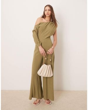 ASOS Linen Fallen Shoulder Jumpsuit - Natural