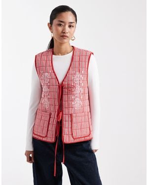 Miss Selfridge Gingham Embroidered Tie Front Gilet