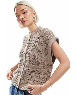 ASOS Knitted Pointelle Crew Neck Boxy Waistcoat - Brown