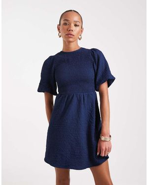 Wednesday's Girl Shirred Bust Puff Sleeve Mini Dress - Blue
