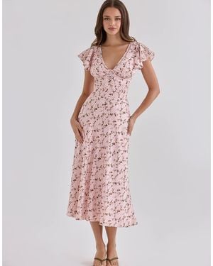 House Of Cb Raye Vintage Floral Print Satin V-Neck Midi Tea Dress - Pink