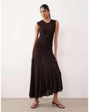 Mango Vestido Largo Marrón Sin Mangas Con Bajo Asimétrico De Encaje De