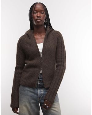 Weekday Wool Blend Zip Cardigan With Hood - Brown