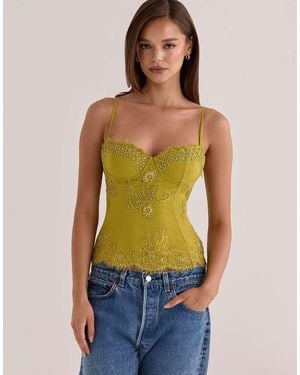 House Of Cb Soraya Chartreuse Custom Hand Beaded Embellished Top - Green