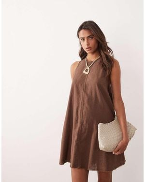 Monki Linen Blend Sleeveless A Line Mini Dress With Frayed Edge - Brown
