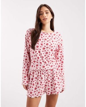 Miss Selfridge – mix and match – pyjamaoberteil aus pointelle mit blumenmuster - Rot