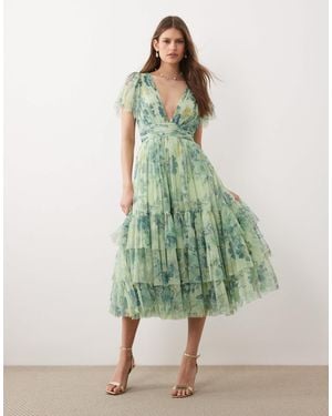 LACE & BEADS Madison Tulle Flutter Sleeve Plunge Neck Midi Dress - Green