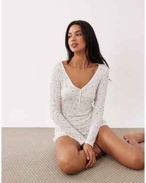Boux Avenue Set Van Geribbelde Modal Met Lange Mouwen En Hartjes- En Bloemenprint - Wit