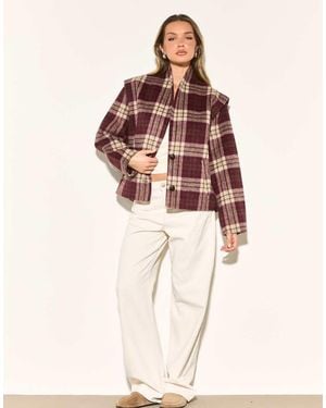 Noughts & Kisses Hailey Burgundy Check Wool Blend Oversized Jacket - Natural
