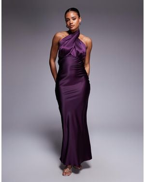 Princess Polly Rosaminta High Shine Satin Cross Front Halterneck Tie Open Back Maxi Dress - Purple