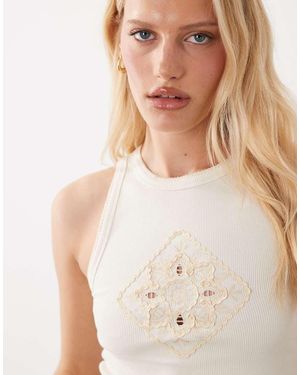 Miss Selfridge Rib Vest Top With Embroidered Trim - Natural