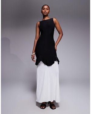 Kaiia Exclusive Slinky High Neck Ruffle Detailing Chiffon Hem Open Back Maxi Dress - White