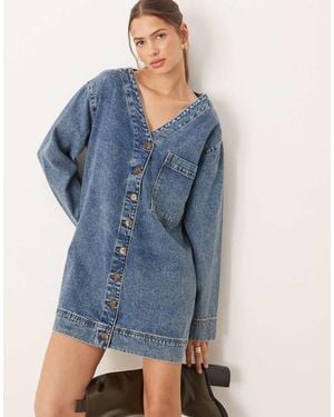ASOS Denim Boxy V Neck Shirt Dress With Pocket - Blue