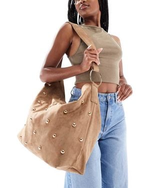 New Look Studded Suedette Shoulder Bag - Brown