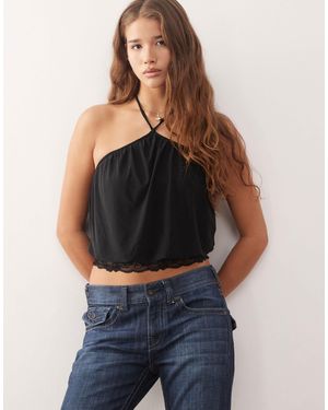 Collusion Slinky Halterneck Top With Lace Trim Detail - Blue
