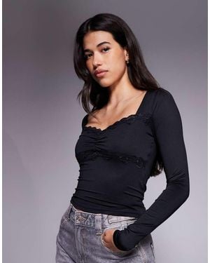 ASOS Slinky Lace Trim Square Neck Ruched Front Long Sleeve Top - Blue
