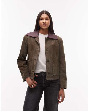 Urbancode Chaqueta De Corte Cuadrado De Ante Con Solapas En Contraste De -Verde - Marrón