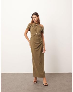 ARRANGE Off Shoulder Halter Maxi Dress With Gold Hardware - Natural