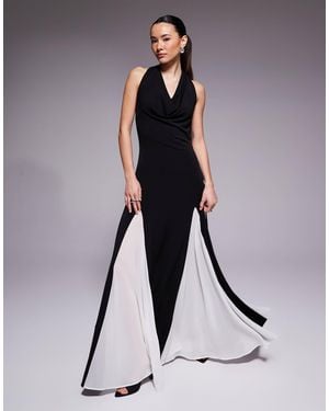 TFNC London Halter Neck Chiffon Contrast Godet Maxi Dress - Black